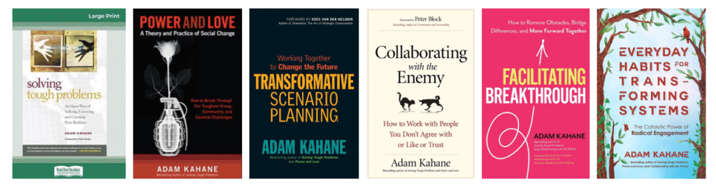 De covers van de zes boeken van Adam Kahane